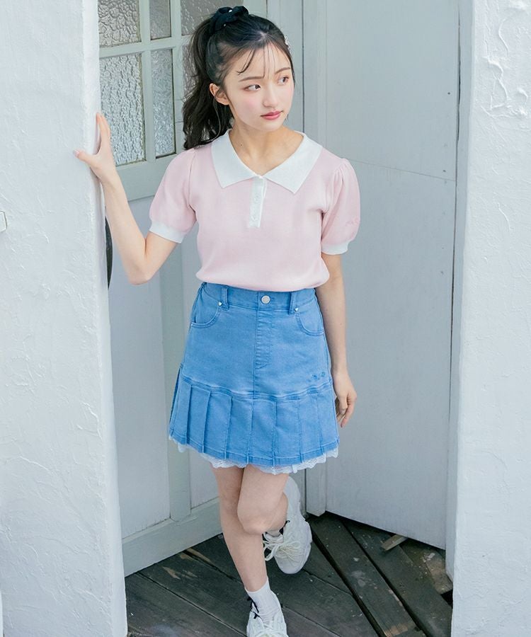 バイカラーフラワーボタンニットポロシャツ | Blue Daisy Online
